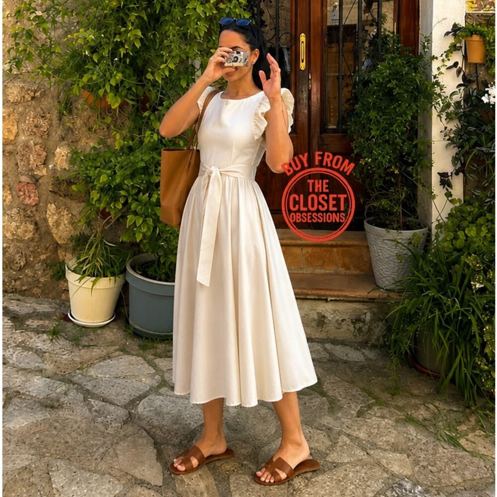 ZARA Ruffled Midi Dress NWT | Ecru Cotton Fit & Flare Belted Size M/L - Picture 4 of 16